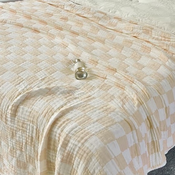 Organic Cotton Checkered Queen Blanket Coverlet Adult Size Tan Check 2 Side NEW - Picture 1 of 15